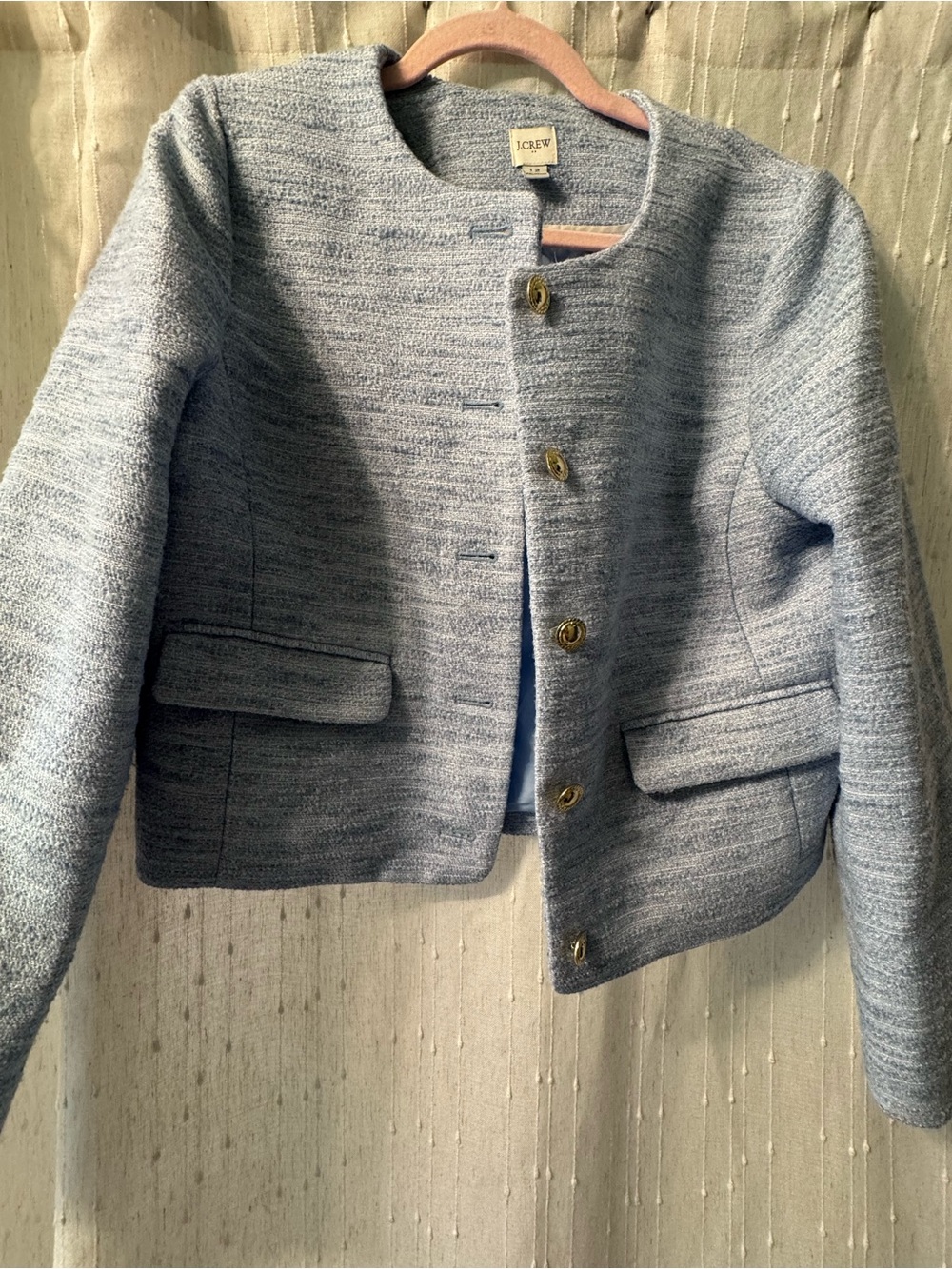 J. Crew Light Blue Tweed Collarless Blazer with Gold Buttons